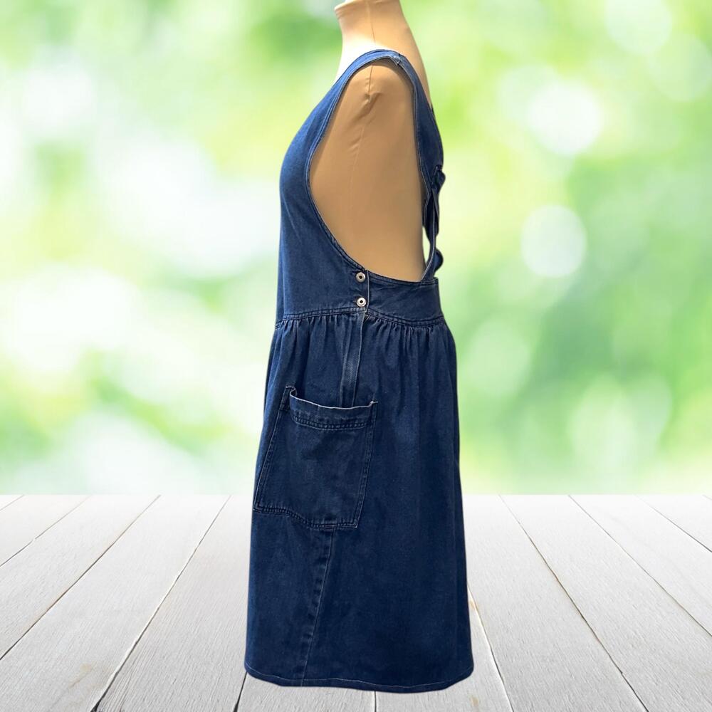 Vintage Denim Pinafore Dress Drop Waist Cross Back Pockets Blue 90s Size M - Picture 2 of 11